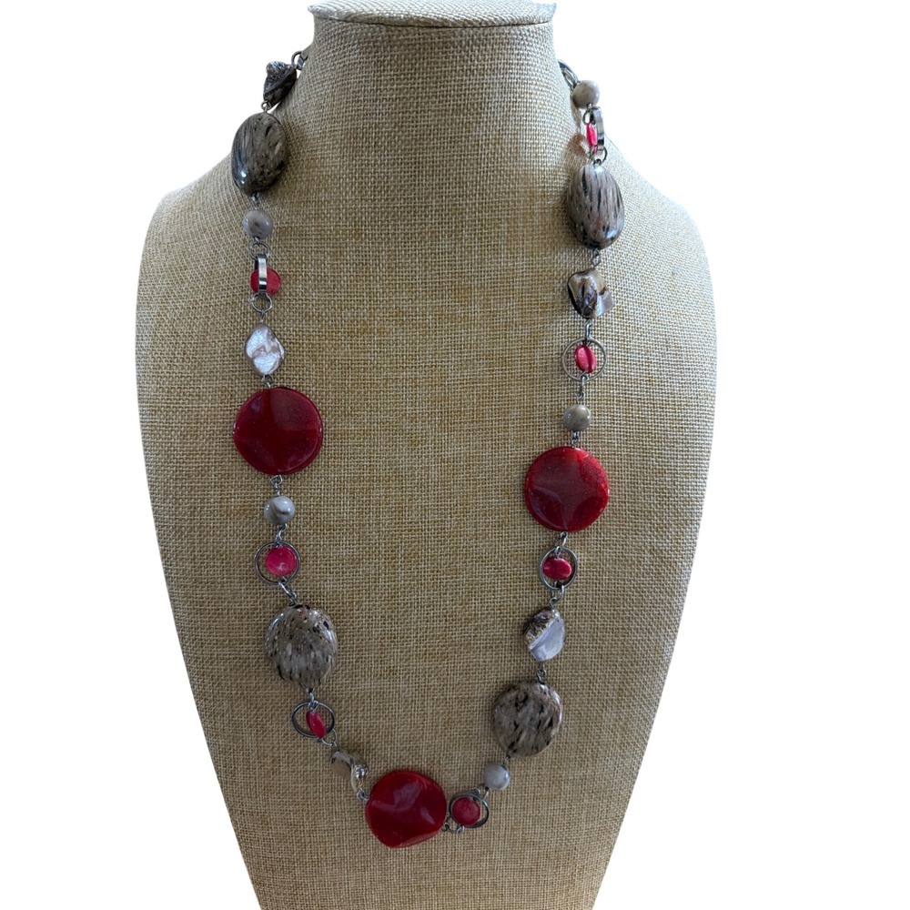 NY Collection Long Beaded Statement Necklace Red Pink Neutral Earthy